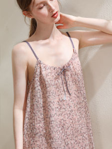 XEXZ | ชุดนอนผ้าฝ้ายลินินพิมพ์ลายวินเทจเซ็กซี่ สายเดี่ยว ผ้ากำมะหยี่ โบว์ผีเสื้อ ใส่ไปข้างนอกได้ ชุดนอนลำลองในบ้าน