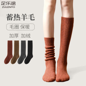 ถุงเท้าทรงสูงขนแกะเพิ่มความหนาสำหรับผู้หญิงถุงเท้าขาเดฟยาวเหนือข้อเท้าบุขนกำมะหยี่กันหนาวแนววินเทจสำหรับฤดูหนาวฤดูใบไม้ร่วงและฤดูหนาว