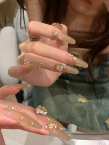 Wear Nail Long Cold Feeling Classy Ice Brown Champagne Big Diamond Light Coffee Nude Color with Diamond Elegant Nail Stickers