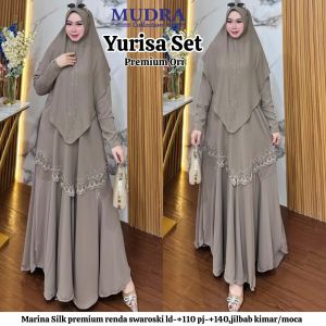 Yurisa Set Gamis Syari Wanita Muslim Premium Ori Marina Silk Renda Swarovski + Hijab
