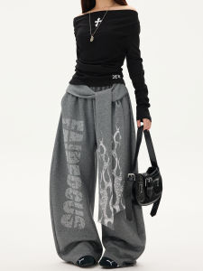 Free Sonata American Street Style Totem Print Sash Curved Knife Casual Pants Women Loose Drapey Hip Hop Sweatpants