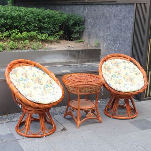 Genuine Wicker Rotating Chair Three-Piece Set for Balcony Leisure Use Home Table Adults Country Style Outdoor Courtyard Furniture