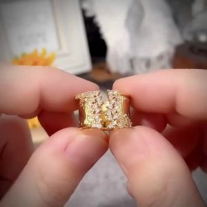 Huitan Trendy Luxury Gold Color Cubic Zirconia Ring for Women Modern Wide Band Finger Ring OL Style Female Jewelry Drop Shipping