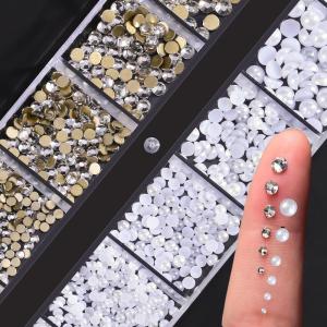 12Grids 3D White Pearls+Clear Rhinestones Nail Charms Mixed-Sizes Flatback PearlGlass Diamond Nail Jewelry DIY Manicure Decor 1