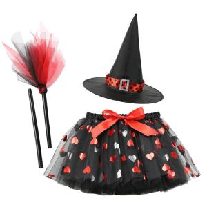 Halloween Print Net Pumpkin Tutu Skirt Childrens Witch Hat Sweepstakes Puffy Skirt Three-piece Set Girls Clothing