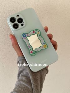 Fresh Style Green Milk Flower Mirror Bubble Stand Rechargeable Mobile Phone Case for iPhone 15 pro Max Full Edge Protection Soft Shell
