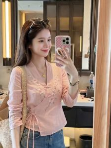 PAIBOLI | French Gentle Style Pink V-Neck Embroidery Waist-Tie Long Sleeve Plus Size Blouse