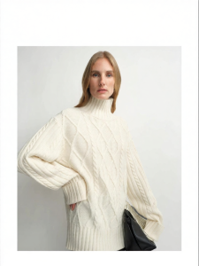 Cable Knit Merino Wool White Turtleneck Sweater