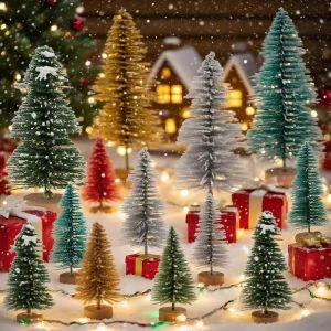 YESPERY 8/10Pcs Mini Christmas Tree Set Mixed Size Wooden Cedar Pine Tree Miniature Landscape New Year Christmas Decor