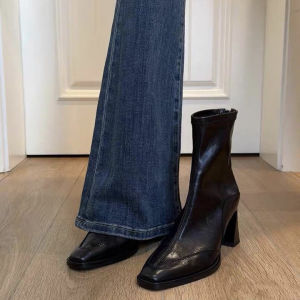 Retro High Heel Leather Martin Boots Short Boots Womens Chunky Heel British Style Short Tube Single Boots Square Head