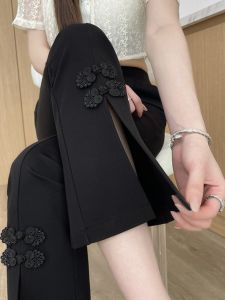 กางเกงขายาวทรงหลวมสไตล์เกาหลีสำหรับผู้หญิงไซส์ใหญ่ กางเกงขายาวทรงหลวมสีดำ กระดุมจีบ ทรงลำลอง ฤดูร้อน 2024