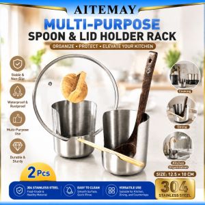 Aitemay 2 Pcs Multi-Function Kitchen Rack 304 Stainless Steel 12.5cm Height Spoon Pot Lid Stand Stable Countertop Storage