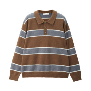 Designer Knitted Polo Neck Sweater for Men Casual Loose Fit Striped Mixed Fiber Soft Comfortable Winter Fashion Urban Style