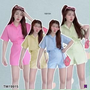 TW19915 Set 3 ชิ้น เสื้อเชิ้ตแขนสั้น + กางเกงขาสั้น + เข็มขัด