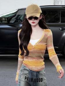 Early Autumn New Style Dopamine Sweet And Spicy Fake Two-Piece V-Neck Splice Gradient Stripe Slim Long Sleeve Knitted Sweater for Women