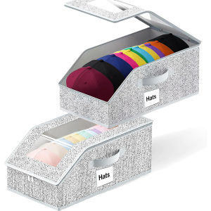 LMETJMA | LMETJMA Stackable Hat Organizer for Baseball Caps Flip-Top Access Baseball Hat Storage Box Organizer with Cardboard Support