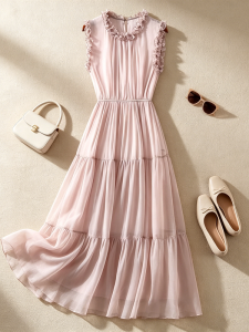XMO | Elegant Simple Color Silk Sleeveless Slimming French Style Fitted Waist Long Dress