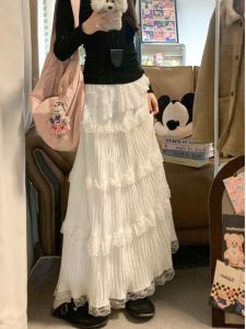 High Waist Cake Skirt Midi Dress Womens Gentle Lace Long A-Line Mini Skirts Spring New Style Korean Style Commute Skirt
