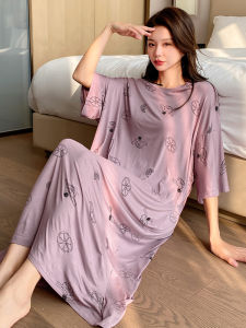 plus Size Sleep Dress Modal Thin round Neck Long Home Skirt Womens Summer Comfortable Breathable Print Sleepwear Casual Sweet Style