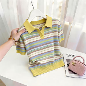 Shalldoer | Stripe Contrast Polo Neck Short Sleeve Knitwear for Plus Size