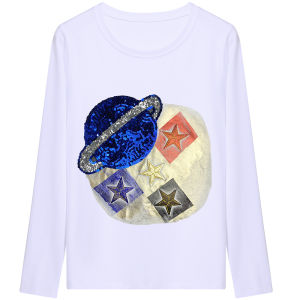 Fashionable Geometric Print Long Sleeve round Neck T-Shirt Womens Base Shirt Spring Autumn Bright Sequins Womens Top