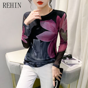 REHIN New Fashion Mesh Flower Printing Long Sleeve T-shirt Round Neck Slim Fit Elegant Women Blouse