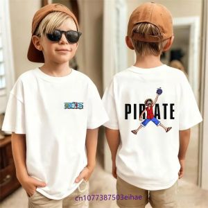 Bandai | 2026 Stylish Kids Boys Luffy T Shirt Anime One Piece Cartoon Print Summer Short Sleeve Breathable Lightweight Soft Cotton Daily