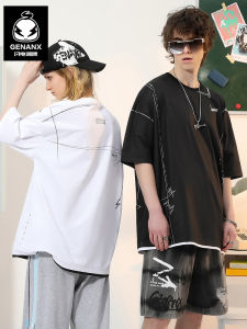 Genanx Lightning Fashion Brand Space Cotton Heavy T-shirt Summer New Fake Two Pieces Simple Style Printed Couple Short Sleeve