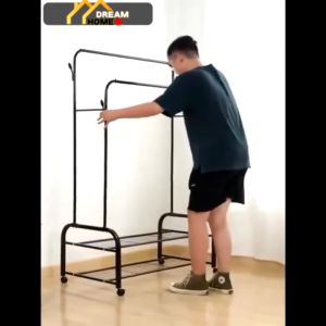 DreamHome 130cm/150cm Double Rails Double Layers Cloth Rack With Wheels Clothes Drying Rack Rak Baju Tingkat Besi Besar Ikea Murah