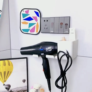 ที่วางไดร์เป่าผม มีที่เก็บ ที่แขวนไดร์เป่าผม สำหรับติดผนัง ไม่ต้องเจาะ ติดกาวเอง ชั้นวางของในห้องน้ำ