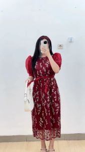 6270 Ferlene Brukat Midi Dress Wanita Kasual Elegan Pesta