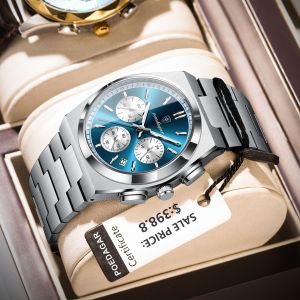 POEDAGAR Luxury Stainless Steel Men Watch Chronograph Waterproof Date Luminous Original Mens Watches Business Watch for Men Quartz Fashion Man Clock +Box