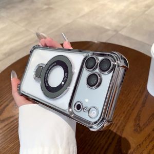 Luxury Plating for Magsafe Bracket Case For iPhone 18 17 16 Pro Max 16 Plus 18Pro Airbag Bumper Magnetic Ring Holder Clear Cover