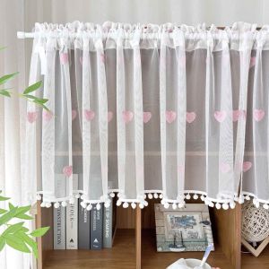 Cute Pink Love Design Sheer Voile Mesh Short Curtain for Kitchen Cabinet Study Small Window Drapes Home Decoration