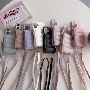 Luxury Lanyard Wallet Case For iPhone 16 15 14 Plus 13 12 11 Pro Max 13 12 Mini Lichee Pattern Leather Shockproof Cover Shell 