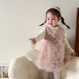 Princess Style Cotton Dress with Bowknot for Girls Birthday Cake Cutting Ceremony Spring Autumn Winter Soft Hand Feel