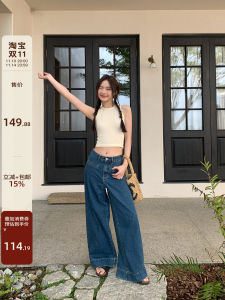 Hello Canon High เอว ขากว้างตรง กางเกงยีนส์ ผู้หญิง ฤดูร้อน ใหม่ หลวม Fit เดนิม กางเกง มีกุญแจมือยาว กางเกงขายาว