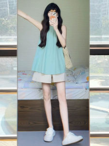 Maternity Top Summer Thin Belly-Covering Vest for Pregnancy Loose-Fitting Peasant Blouse Suit Summer Clothes Two-Piece Suit