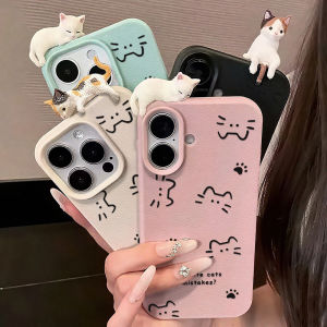 Leather Soft TPU Phone Case For iPhone 17 Pro Max 16 13 11 15 14 12 Air 17Promax 16promax Shockproof Cute Cat Funda Cover Coque
