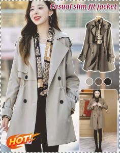 Women Korean Slim Long Trench Coat Casual Spring Autumn Mid Length Waist Tight Jacket Windbreaker Outwear Plus Size