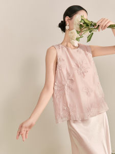 Pink Loose round Neck Embroidered Flower Back Vest Korean Style Butterfly Knot Backless Top for Women Summer Commute Fashion