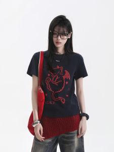 zuocisankon | American Fun Cat Print Black Crewneck Short Sleeve T-shirt