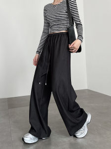สีดำ สูง เอว กางเกงขากว้าง ผู้หญิง ลำลอง Loose Fit เชือกรูด เอวยืดหยุ่น Denim กางเกงขายาว ฤดูใบไม้ร่วง ฤดูหนาว สินค้ามาใหม่