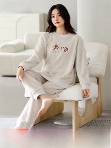 miiow | Thickened Half-Fleece Womens Sleepwear Set Warm Home Clothes Long Sleeve Round Neck Polyester Fiber Autumn Winter Home Leisure