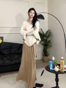 Slimming Effect Lazy Style Long Sleeve Knitted Top High Waist Versatile Casual Long Dress for Plump Girls Fashionable Set