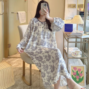 Cotton Yarn Nightdress Long Sleeves Girls Pure Cotton Cherry Long Sleeves Dress Gauze Pure Cotton Pajamas Women Spring and Autumn Homewear