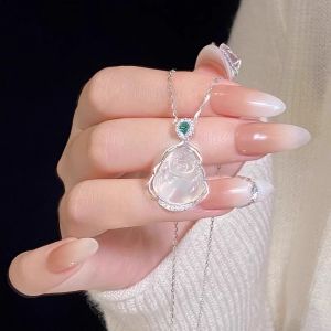 Elegant Long White Buddha Pendant Necklace New Chinese Style Luxury Fashion Jewelry Lockbone Chain Alloy Material for Women