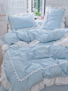 Nordic Ins Blue 100 Cotton Bed Sheet Quilt Cover Bed Four-Piece Set Princess Style Cotton Internet Celebrity Bedding Fitted Sheet