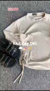 Crop serut samping kiri & kanan lengan panjang kerut tali top knit korea