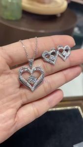 Pretty Beauty Moissanite Heart Pendant Stud Earrings Necklace S925 Silver I Love You Engraved Romantic Jewelry Set for Women